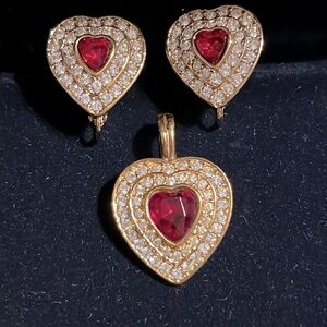 Heart Pendant Clip Ruby Red Earrings Set by Roman